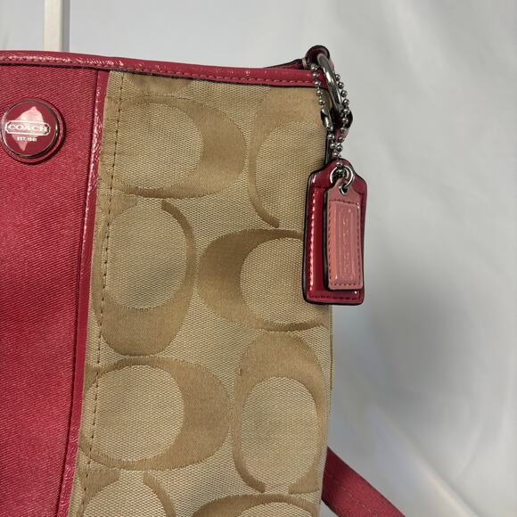 Coach Signature Stripe Duffle Crossbody Bag Khaki Jacquard Pink Patent Leather - Picture 6 of 12
